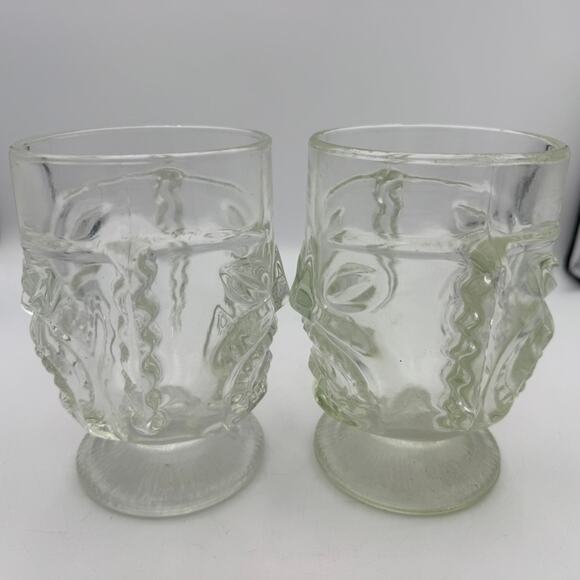 Tiki Face Clear Glass Mugs Set of 2 Vintage Mid-Century Barware Footed Goblets - Picture 2 of 5